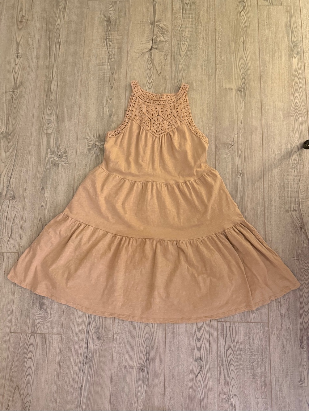 Time and Tru Tan Crochet Yoke Tiered Dress S/4/6